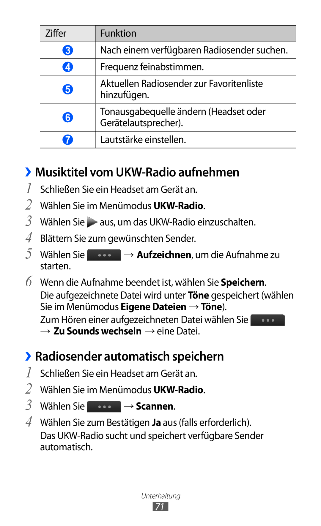 Samsung GT-S5780YKATUR, GT-S5780YKADBT manual ››Musiktitel vom UKW-Radio aufnehmen, ››Radiosender automatisch speichern 