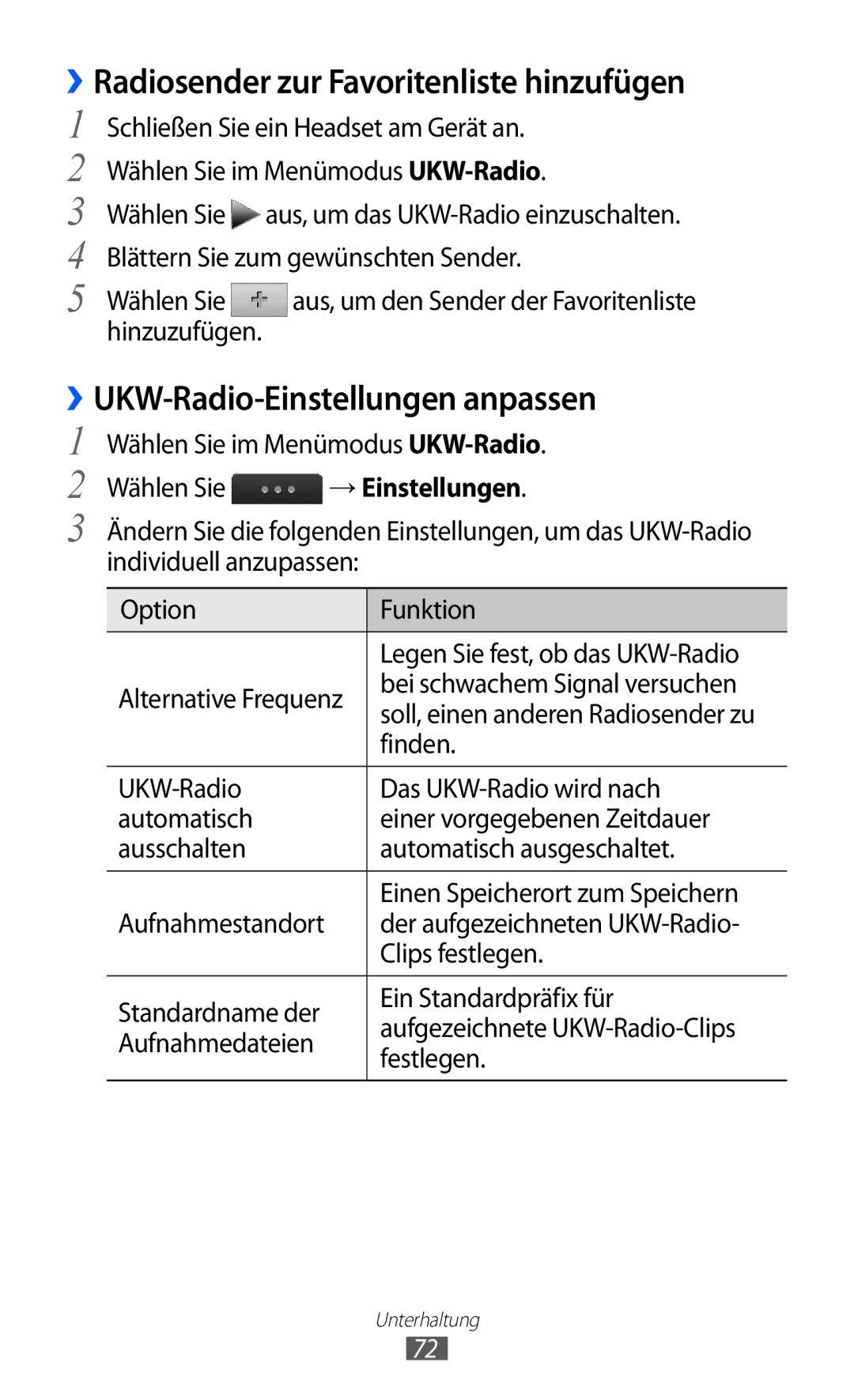 Samsung GT-S5780YKADBT, GT-S5780YKDVD2 ››Radiosender zur Favoritenliste hinzufügen, ››UKW-Radio-Einstellungen anpassen 