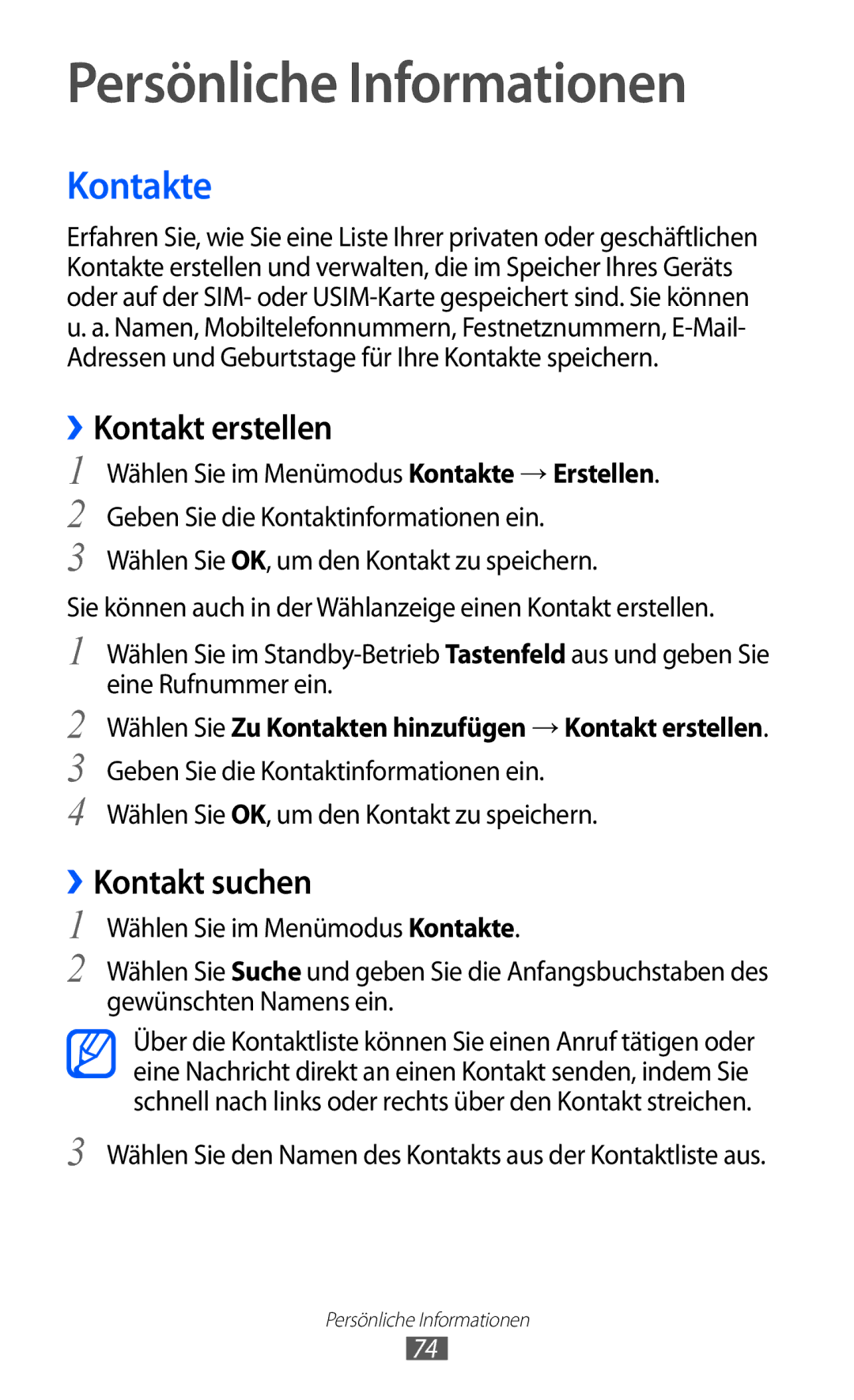 Samsung GT-S5780YKAVD2, GT-S5780YKADBT manual Persönliche Informationen, Kontakte, ››Kontakt erstellen, ››Kontakt suchen 