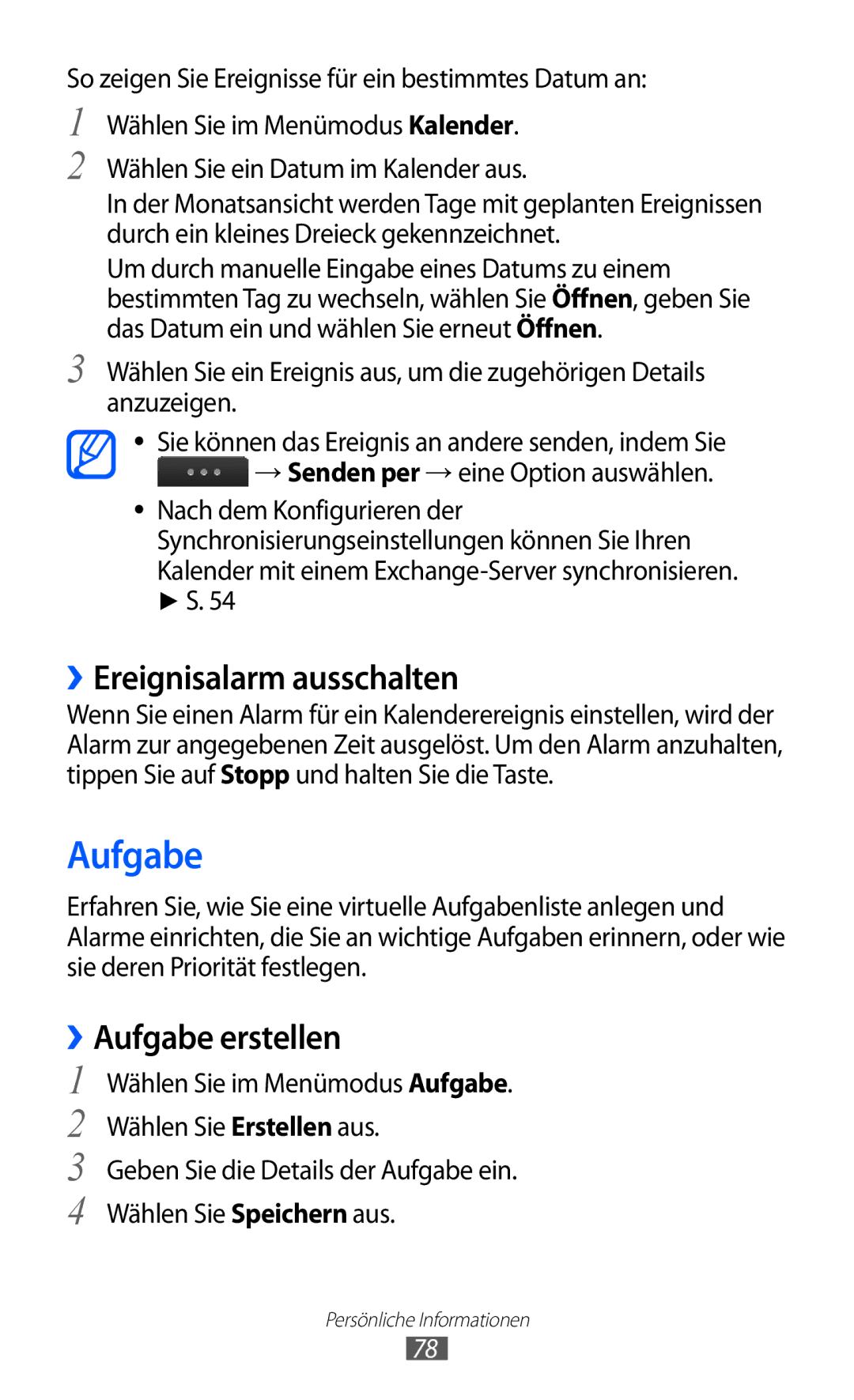 Samsung GT-S5780YKAVD2, GT-S5780YKADBT, GT-S5780YKDVD2, GT-S5780YKATUR ››Ereignisalarm ausschalten, ››Aufgabe erstellen 