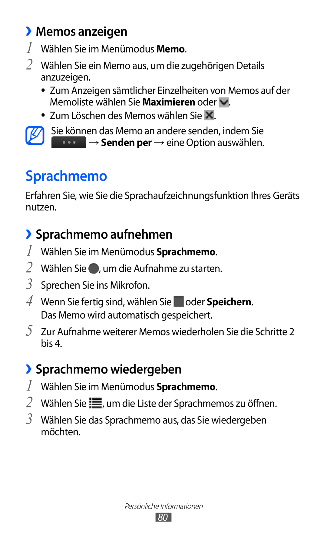 Samsung GT-S5780YKADBT, GT-S5780YKDVD2 manual ››Memos anzeigen, ››Sprachmemo aufnehmen, ››Sprachmemo wiedergeben 
