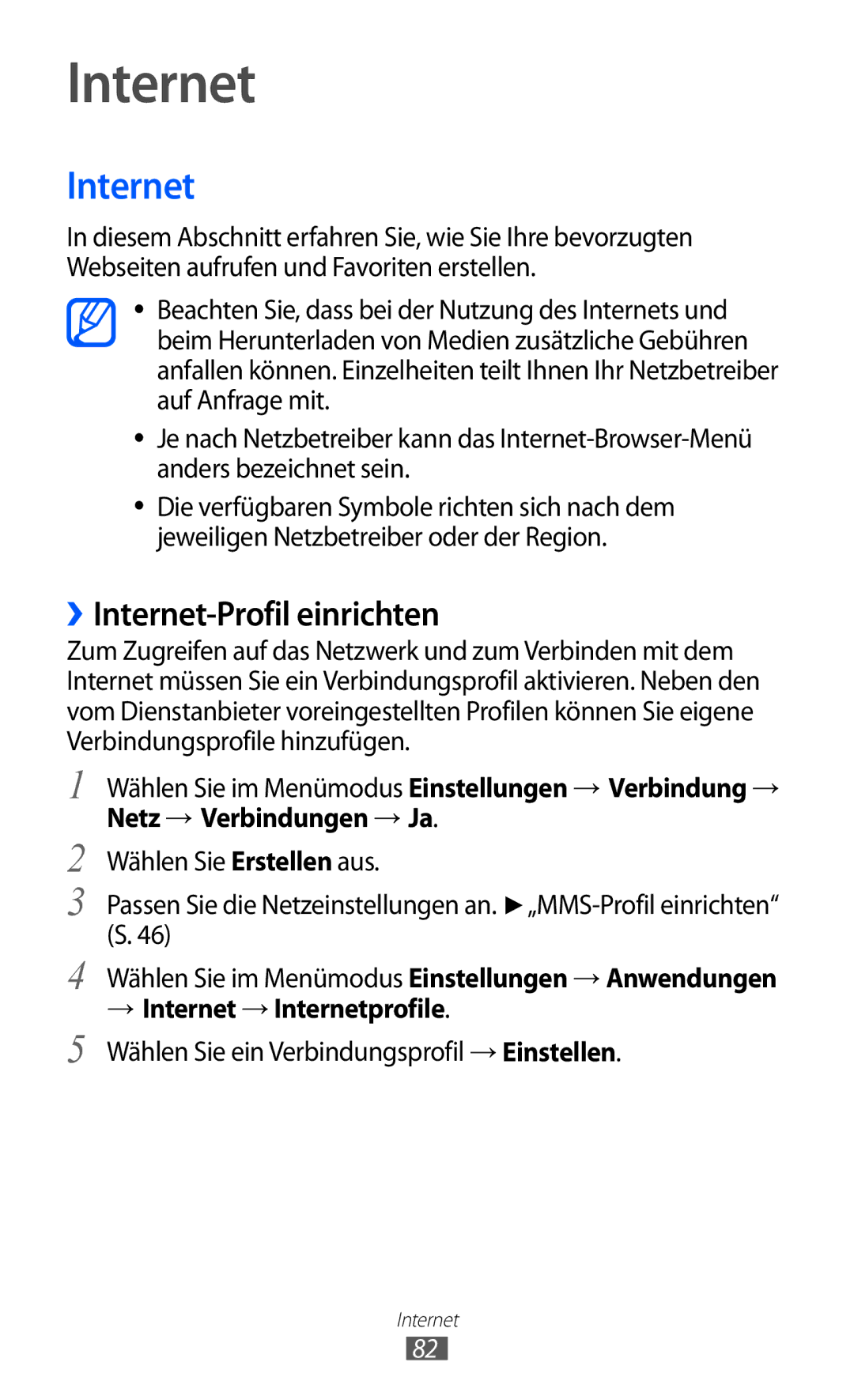 Samsung GT-S5780YKAVD2, GT-S5780YKADBT, GT-S5780YKDVD2 manual ››Internet-Profil einrichten, → Internet → Internetprofile 