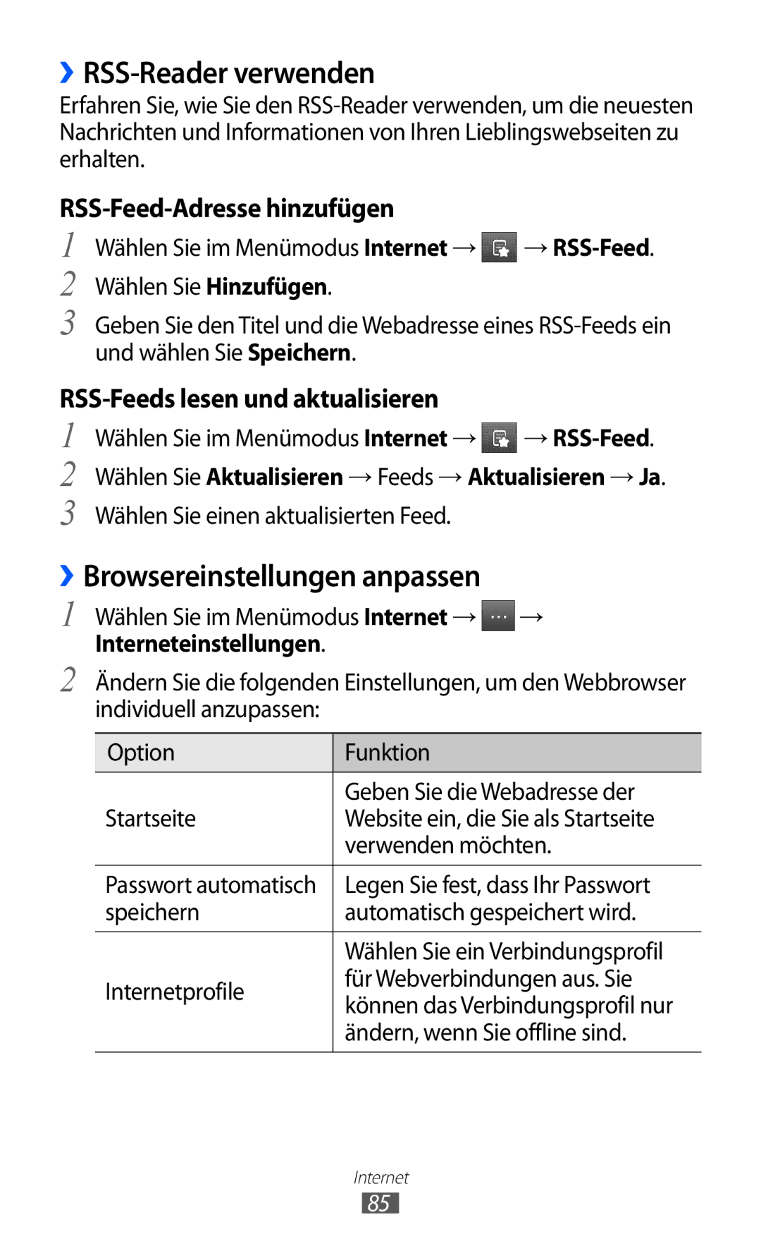 Samsung GT-S5780YKDVD2 manual ››RSS-Reader verwenden, ››Browsereinstellungen anpassen, RSS-Feed-Adresse hinzufügen 