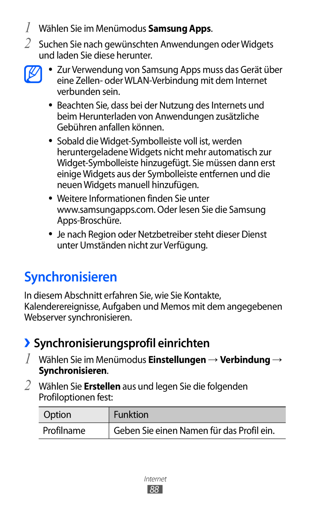 Samsung GT-S5780YKADBT, GT-S5780YKDVD2, GT-S5780YKAVD2, GT-S5780YKATUR Synchronisieren, ››Synchronisierungsprofil einrichten 