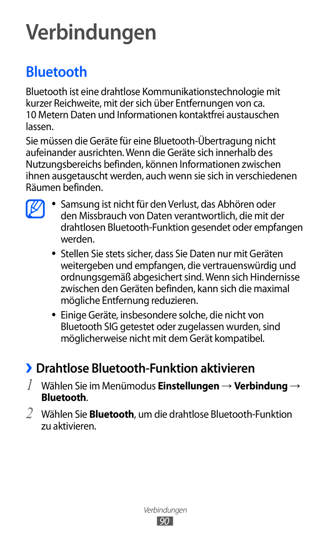 Samsung GT-S5780YKAVD2, GT-S5780YKADBT, GT-S5780YKDVD2 manual Verbindungen, ››Drahtlose Bluetooth-Funktion aktivieren 