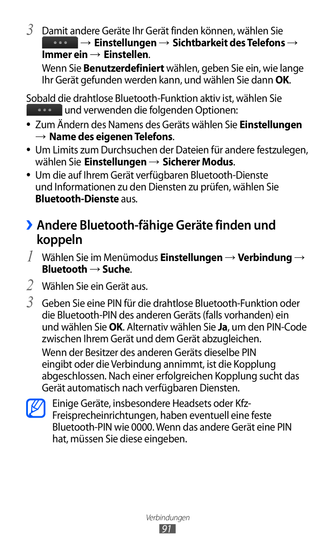 Samsung GT-S5780YKATUR, GT-S5780YKADBT manual ››Andere Bluetooth-fähige Geräte finden und koppeln, Immer ein → Einstellen 