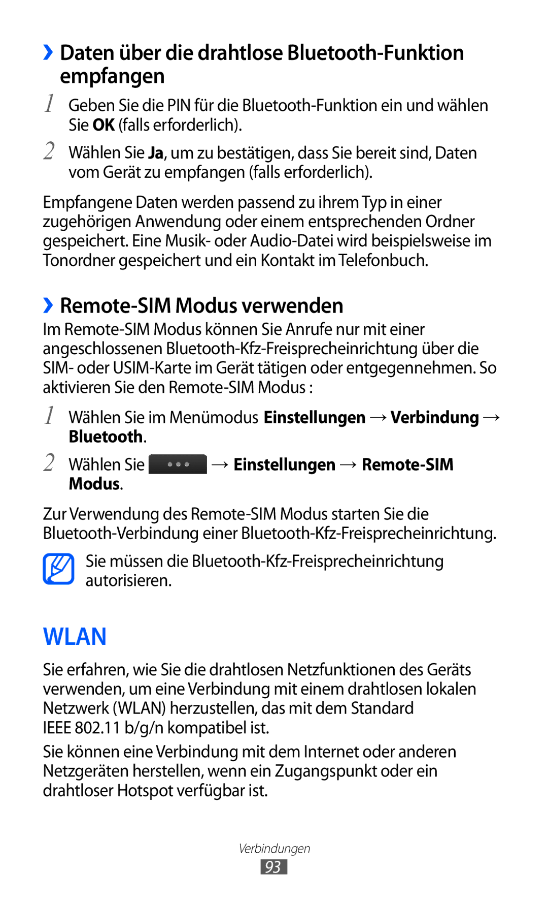 Samsung GT-S5780YKDVD2 manual ››Daten über die drahtlose Bluetooth-Funktion empfangen, ››Remote-SIM Modus verwenden 