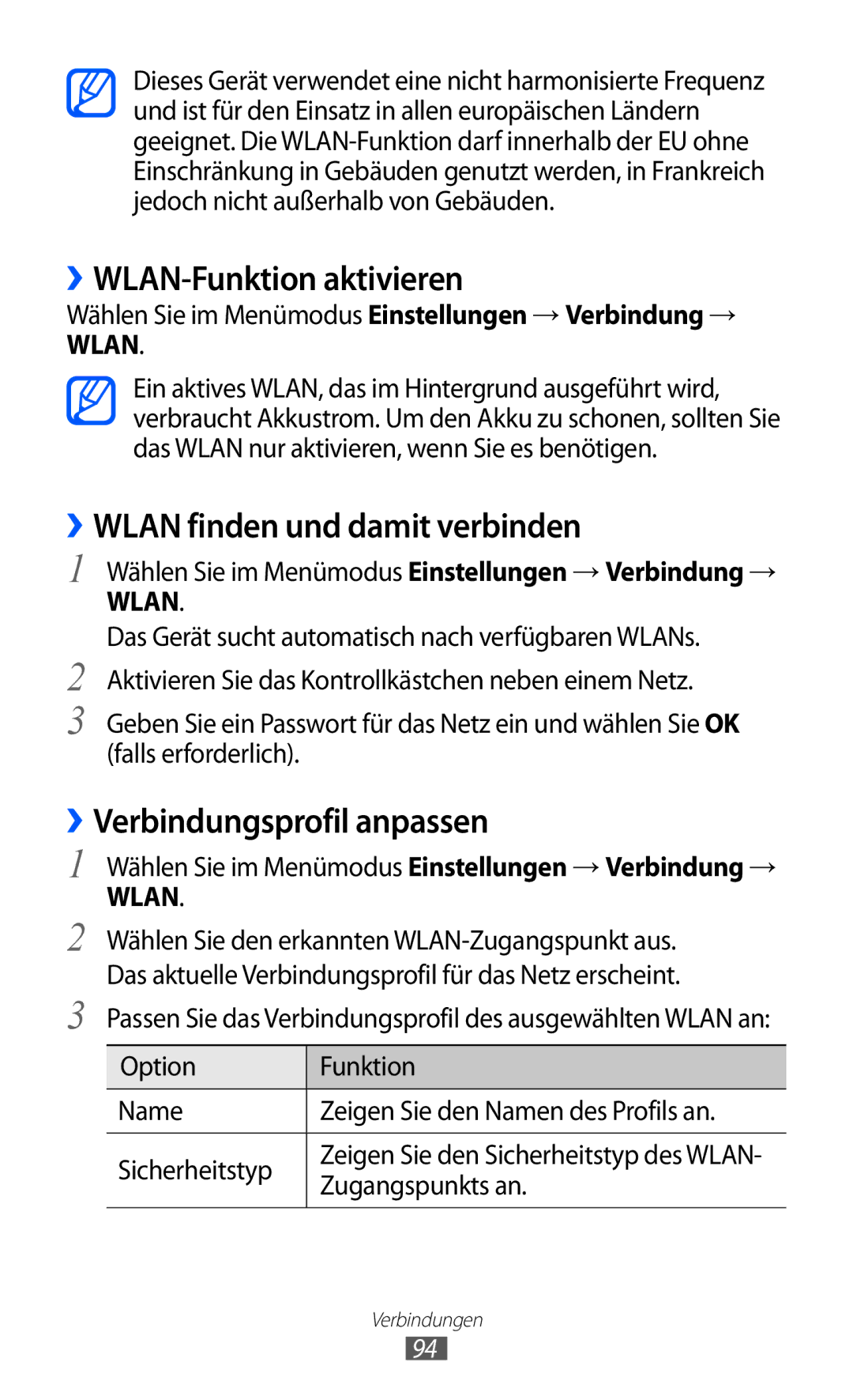 Samsung GT-S5780YKAVD2 manual ››WLAN-Funktion aktivieren, ››WLAN finden und damit verbinden, ››Verbindungsprofil anpassen 