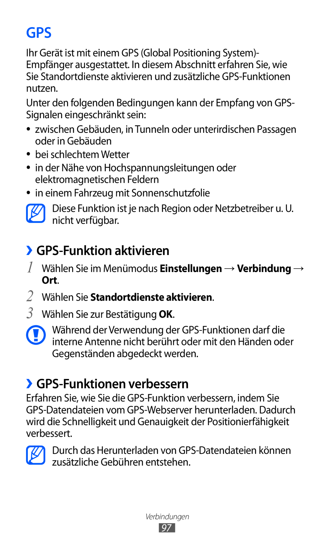 Samsung GT-S5780YKDVD2 manual ››GPS-Funktion aktivieren, ››GPS-Funktionen verbessern, Wählen Sie Standortdienste aktivieren 