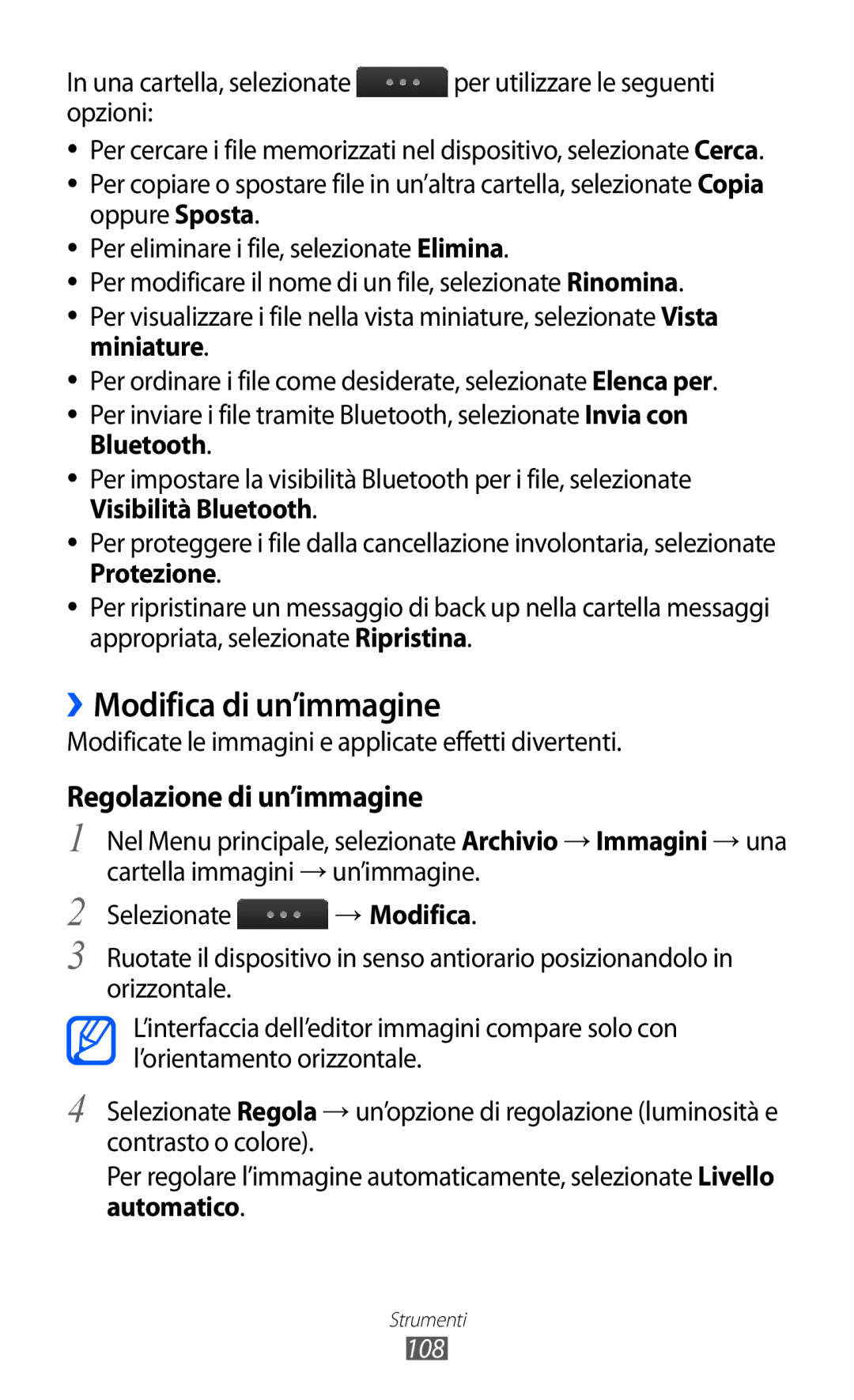 Samsung GT-S5780YKAITV manual ››Modifica di un’immagine, Regolazione di un’immagine, → Modifica, 108 