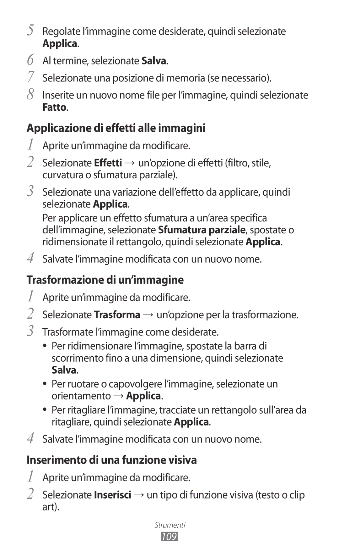 Samsung GT-S5780YKAITV manual Applicazione di effetti alle immagini, Trasformazione di un’immagine, Fatto, 109 