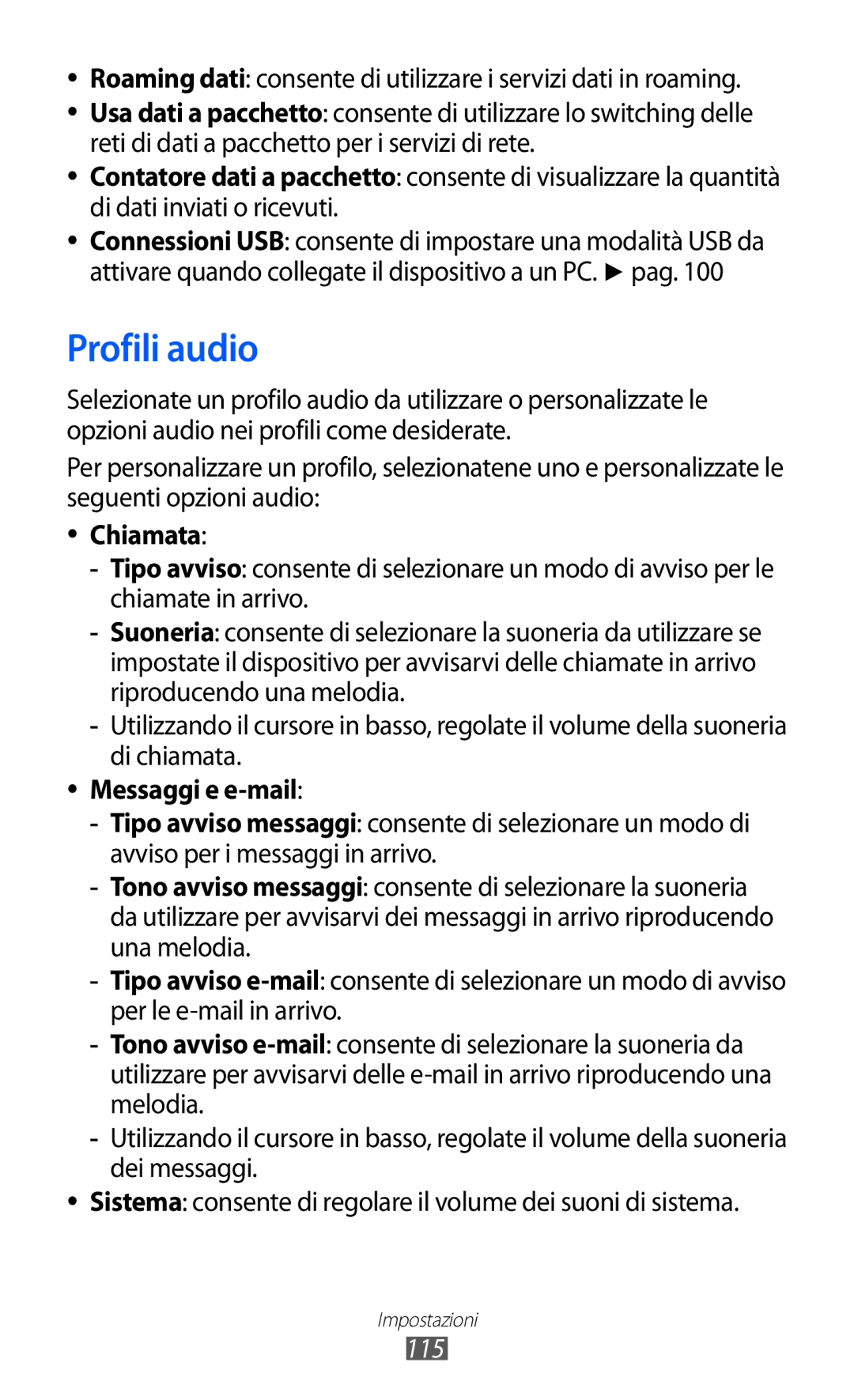 Samsung GT-S5780YKAITV manual Profili audio, Chiamata, Messaggi e e-mail, 115 