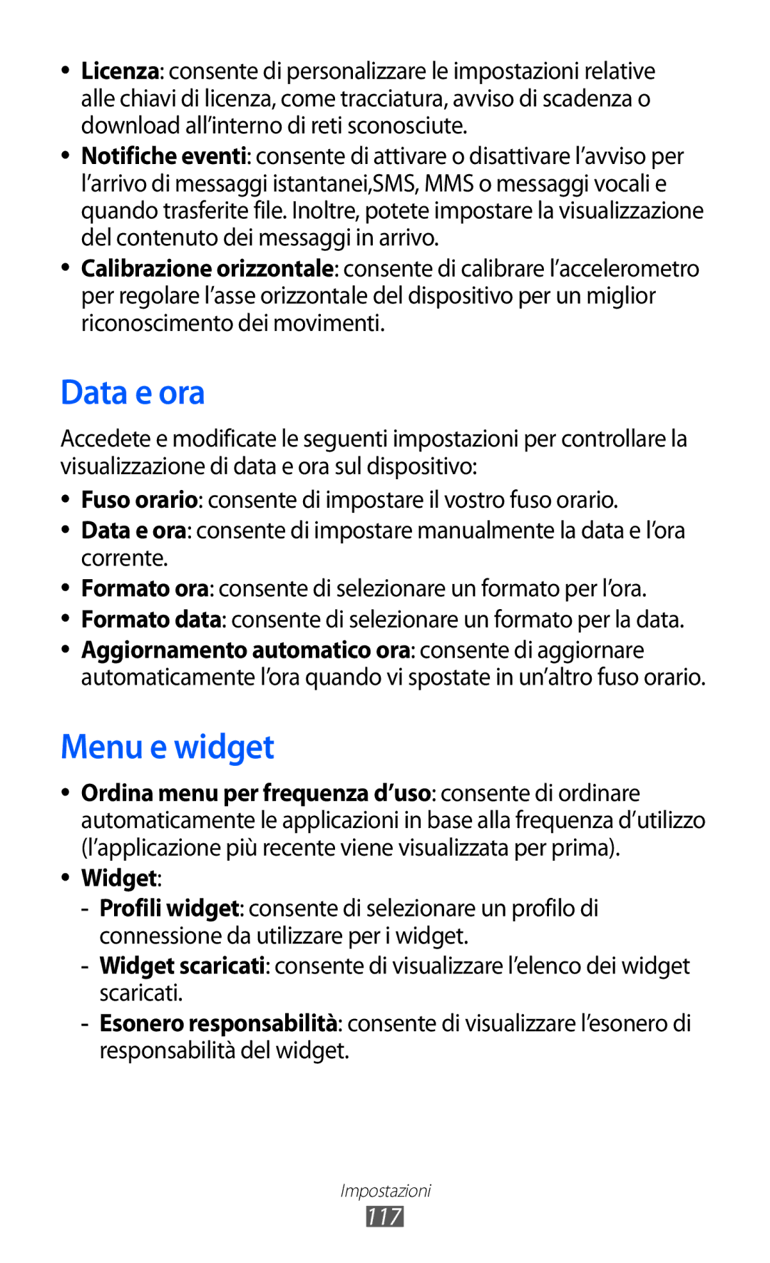 Samsung GT-S5780YKAITV manual Data e ora, Menu e widget, Widget, 117 