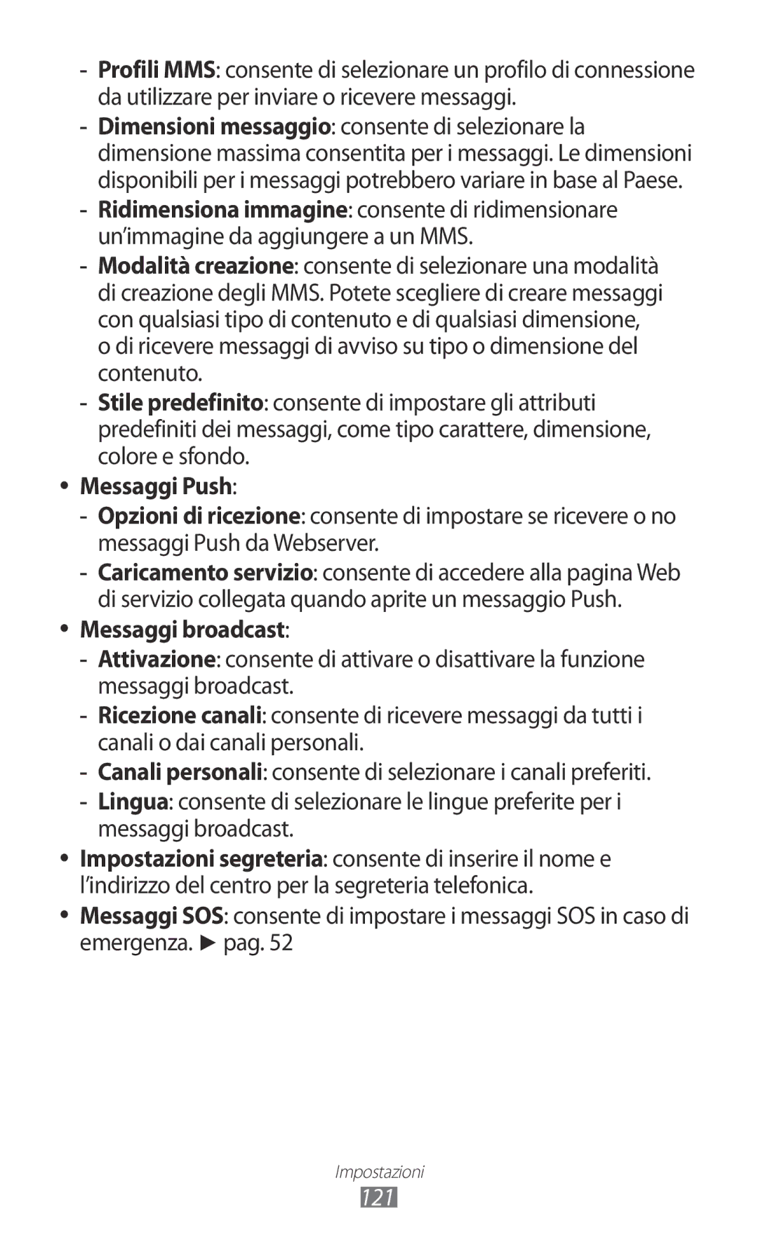 Samsung GT-S5780YKAITV manual Messaggi Push, Messaggi broadcast, 121 