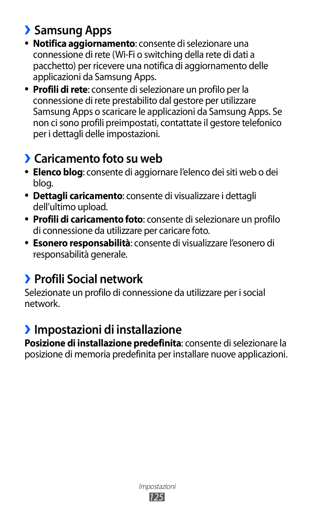 Samsung GT-S5780YKAITV manual ››Samsung Apps, ››Caricamento foto su web, ››Profili Social network, 125 