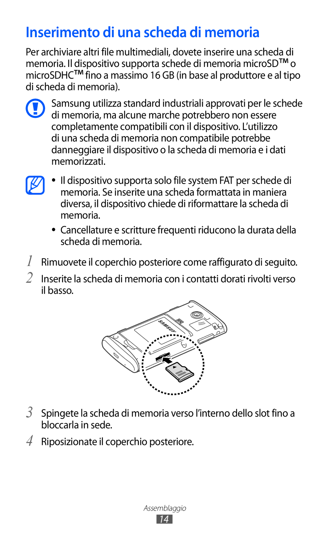 Samsung GT-S5780YKAITV manual Inserimento di una scheda di memoria 