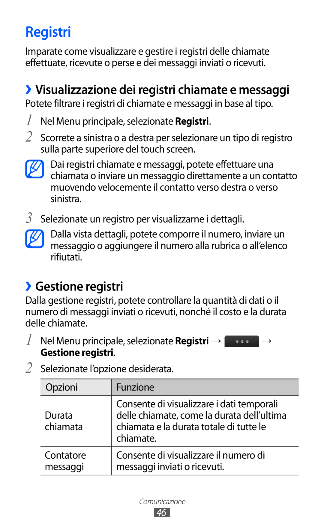 Samsung GT-S5780YKAITV manual Registri, ››Gestione registri, Selezionate l’opzione desiderata Opzioni Funzione Durata 