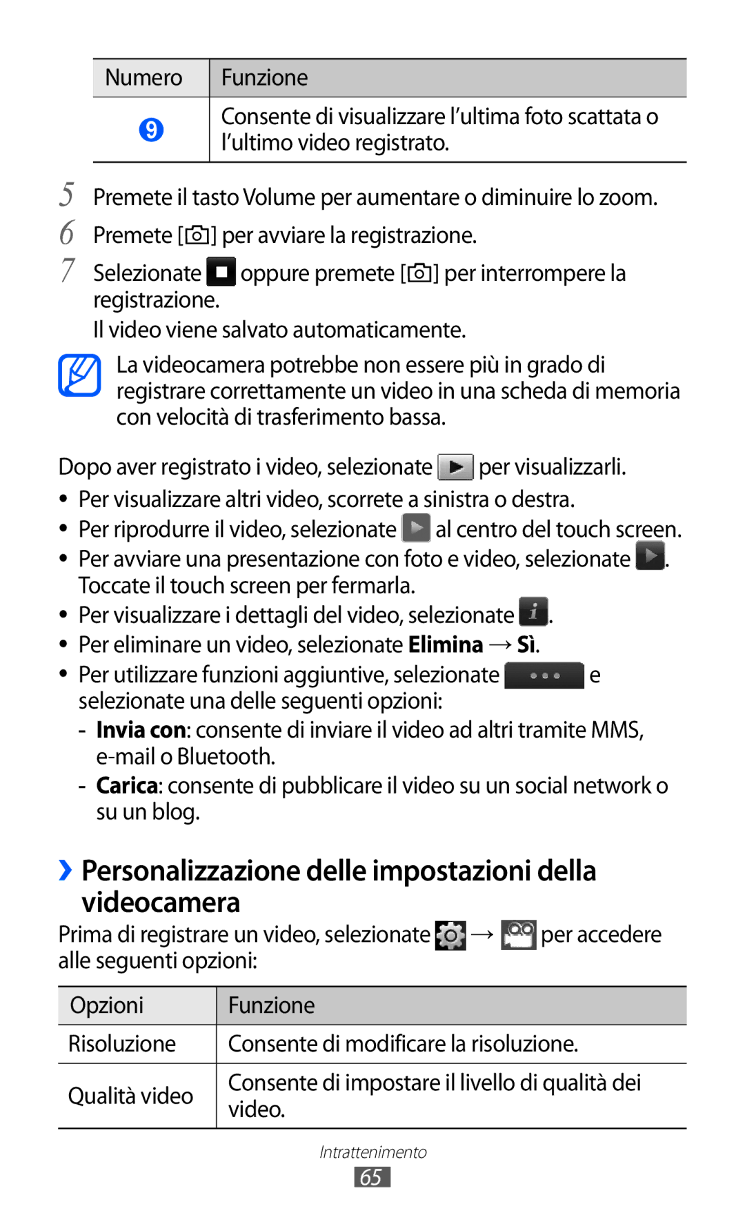 Samsung GT-S5780YKAITV manual ››Personalizzazione delle impostazioni della videocamera, Per accedere 