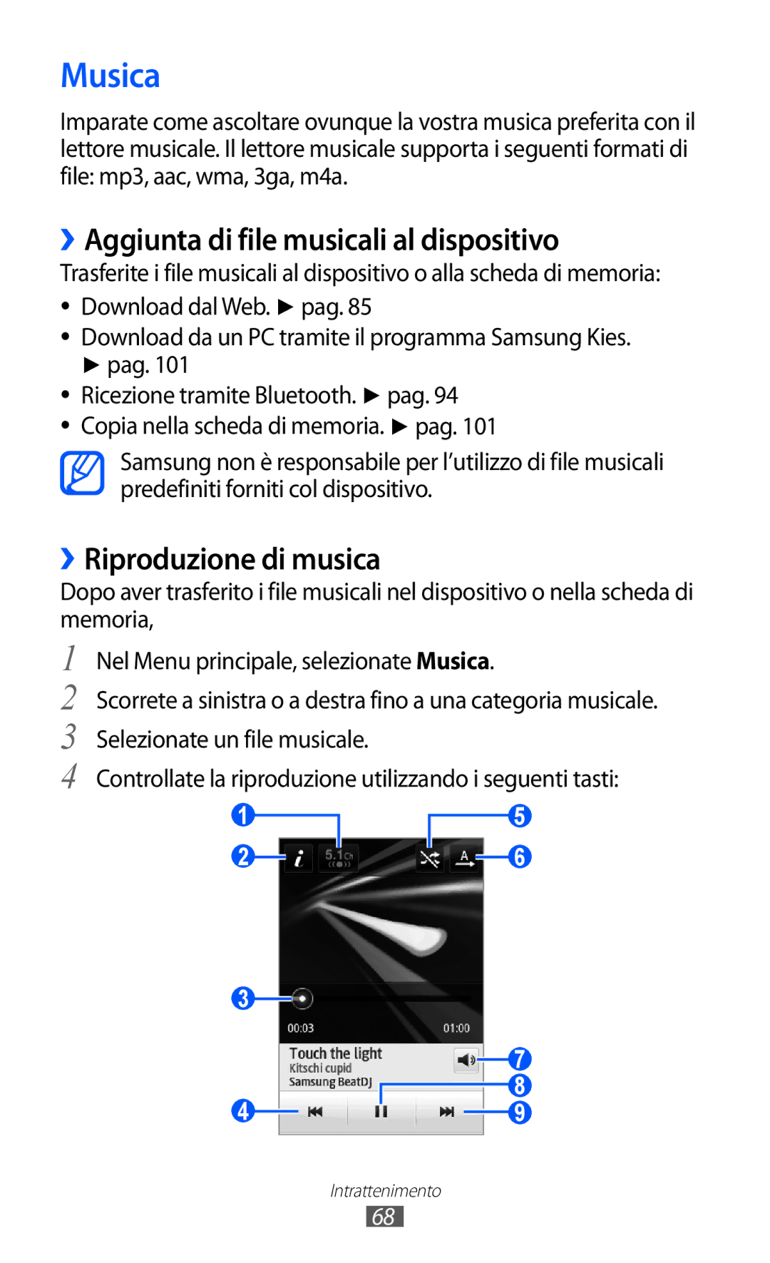 Samsung GT-S5780YKAITV manual Musica, ››Aggiunta di file musicali al dispositivo, ››Riproduzione di musica 