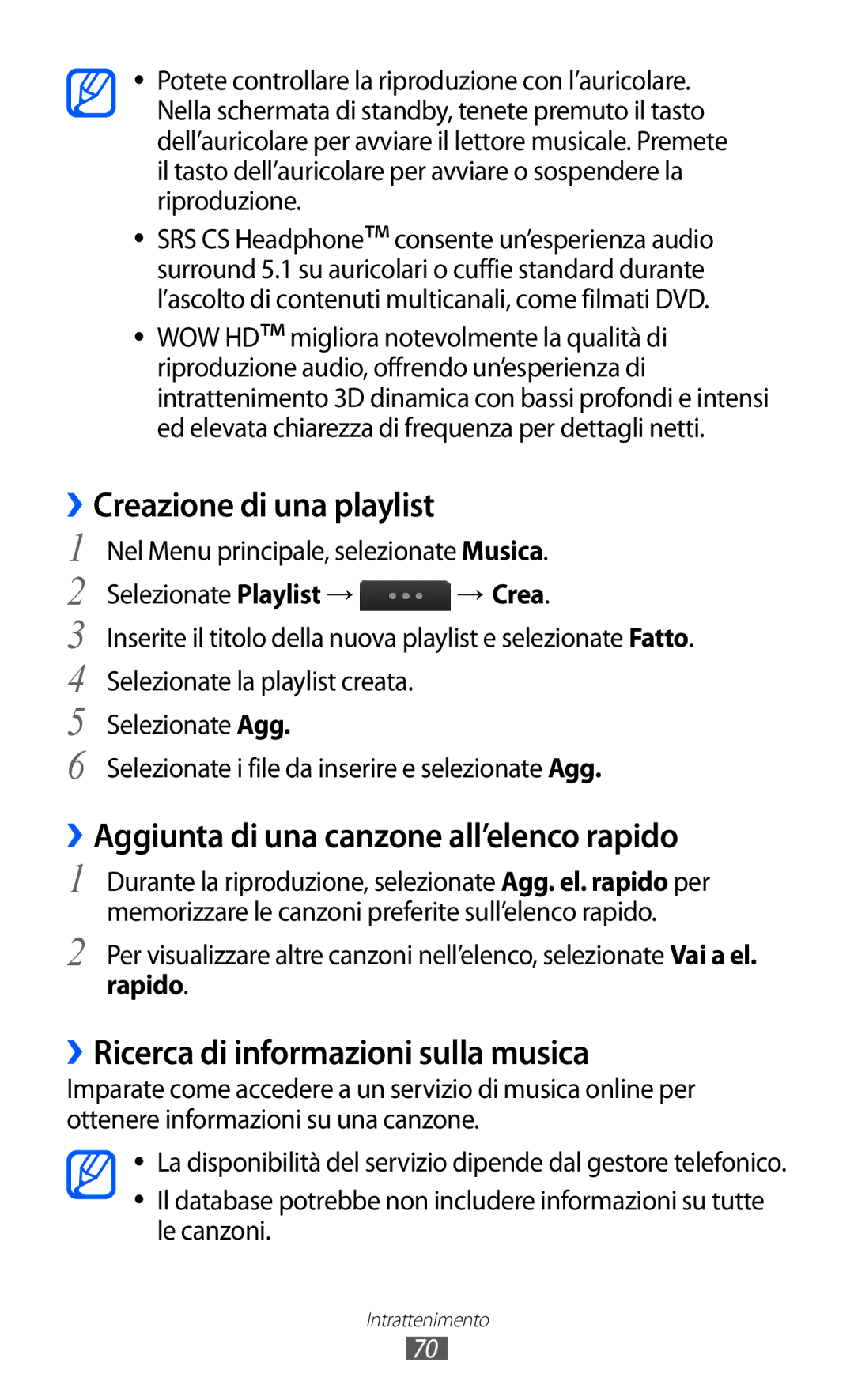 Samsung GT-S5780YKAITV manual ››Creazione di una playlist, ››Aggiunta di una canzone all’elenco rapido, Rapido 