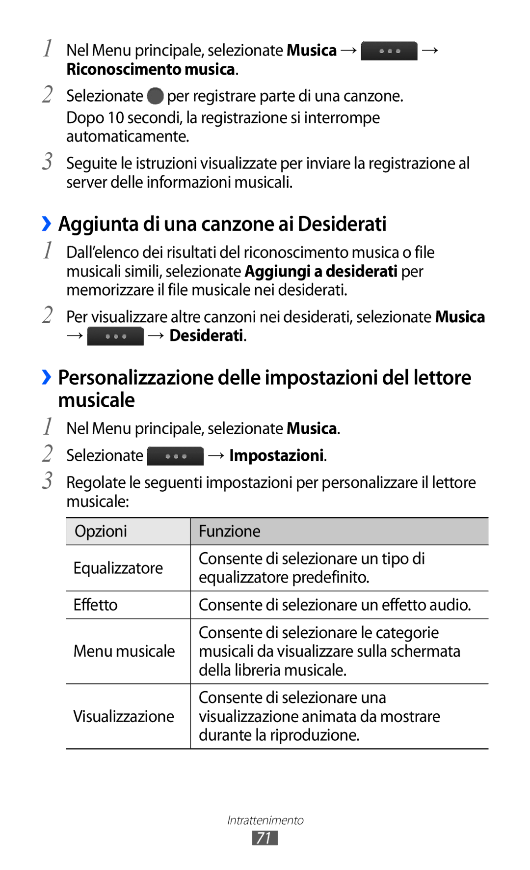 Samsung GT-S5780YKAITV manual ››Aggiunta di una canzone ai Desiderati, Riconoscimento musica, → → Desiderati 