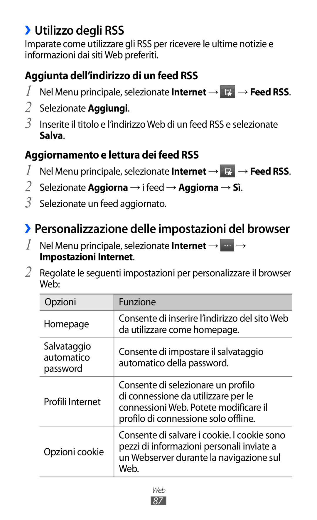 Samsung GT-S5780YKAITV ››Utilizzo degli RSS, Aggiunta dell’indirizzo di un feed RSS, Aggiornamento e lettura dei feed RSS 