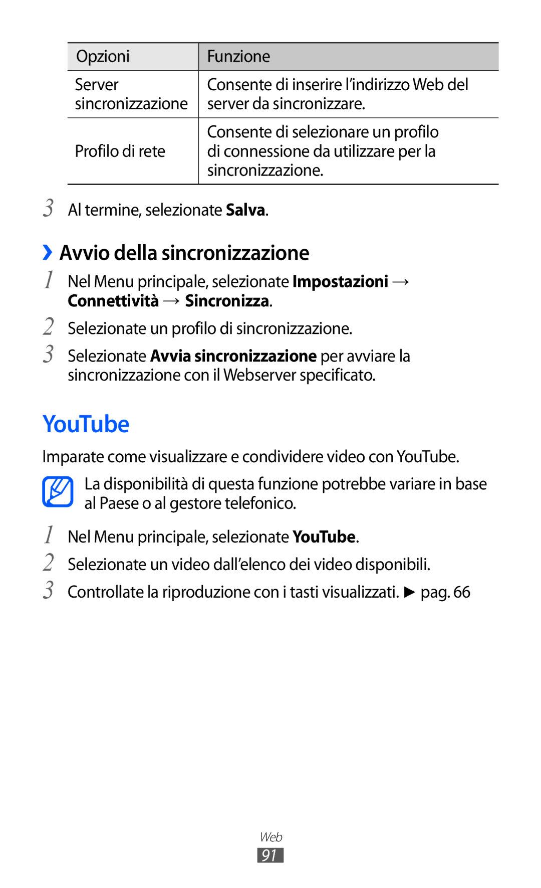 Samsung GT-S5780YKAITV manual YouTube, ››Avvio della sincronizzazione, Opzioni Funzione Server, Server da sincronizzare 