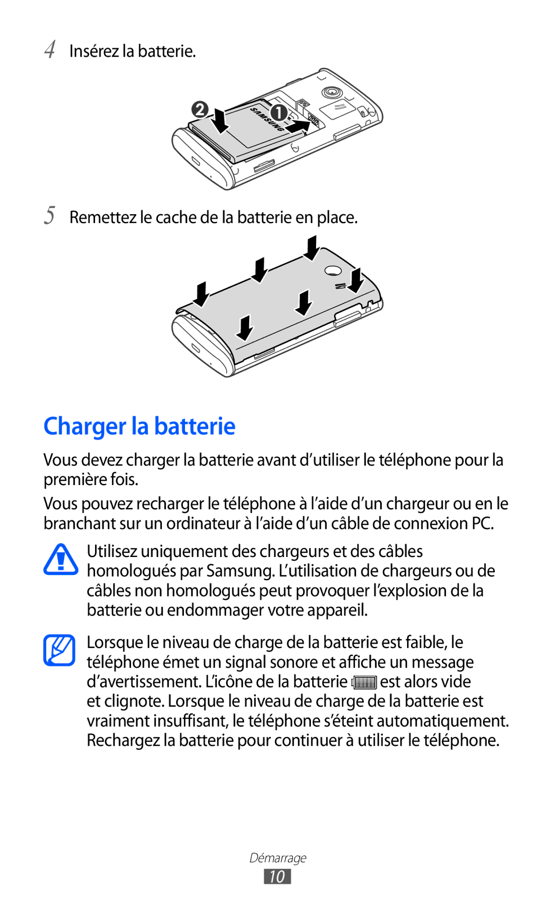 Samsung GT-S5780YKAFTM, GT-S5780YKANRJ, GT-S5780YKAXEF manual Charger la batterie 