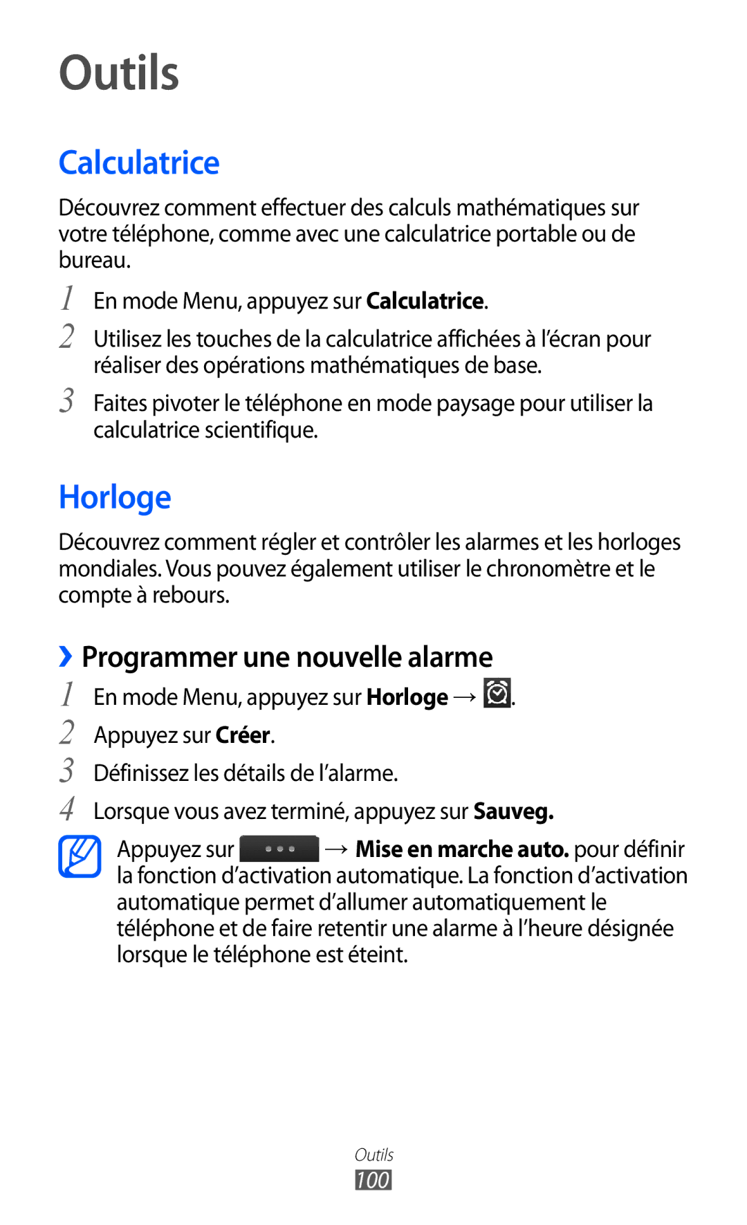 Samsung GT-S5780YKAFTM, GT-S5780YKANRJ, GT-S5780YKAXEF Outils, Calculatrice, Horloge, ››Programmer une nouvelle alarme, 100 