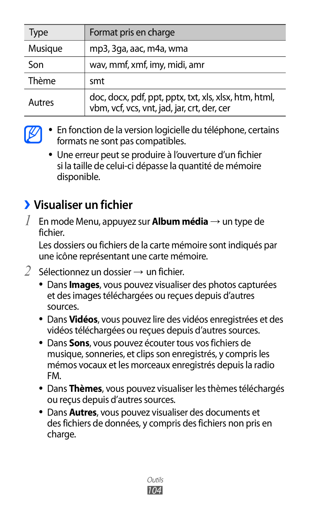 Samsung GT-S5780YKAXEF manual ››Visualiser un fichier, En mode Menu, appuyez sur Album média → un type de fichier, 104 