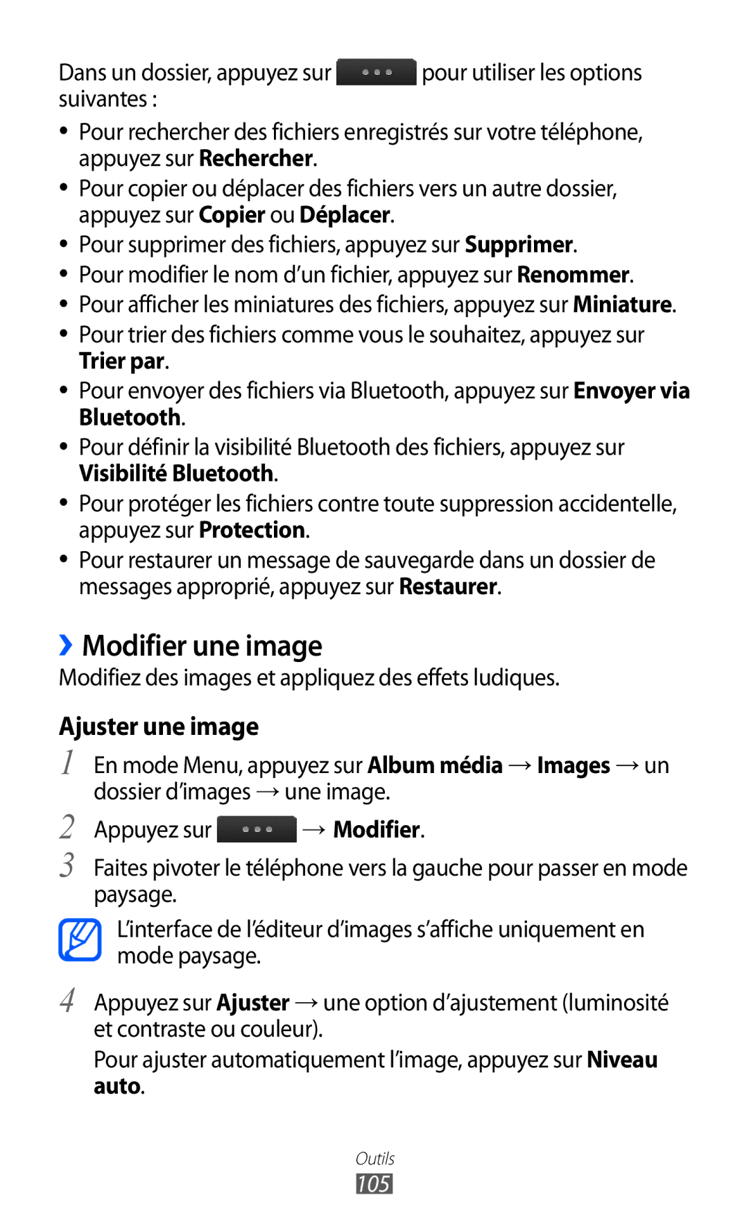 Samsung GT-S5780YKANRJ, GT-S5780YKAFTM, GT-S5780YKAXEF manual ››Modifier une image, Ajuster une image, → Modifier, 105 
