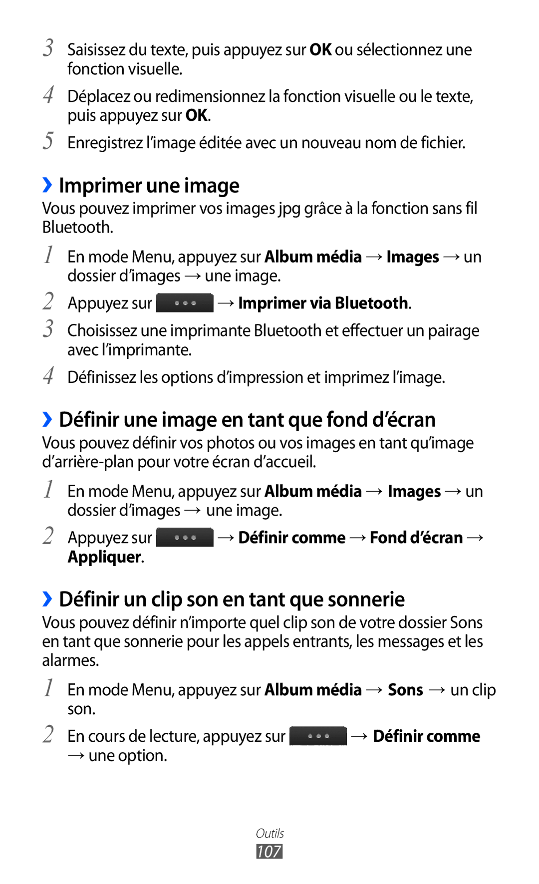 Samsung GT-S5780YKAXEF, GT-S5780YKANRJ manual ››Imprimer une image, ››Définir une image en tant que fond d’écran, Appliquer 
