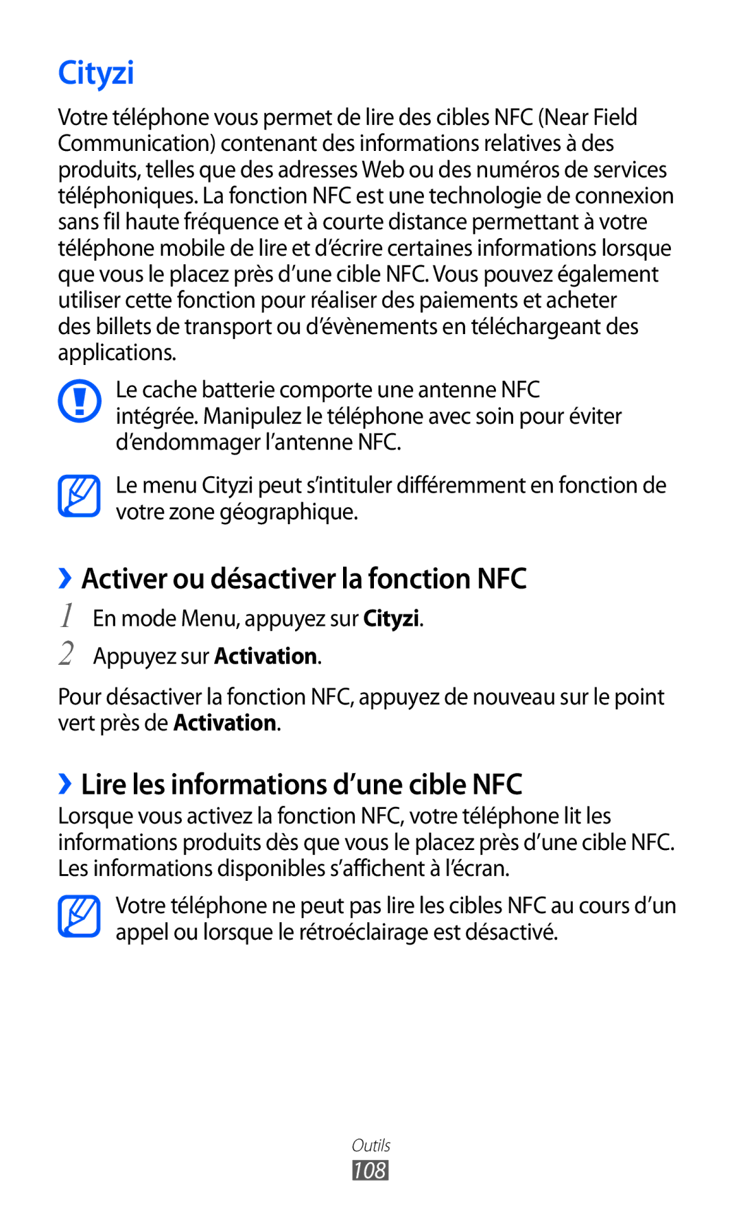 Samsung GT-S5780YKANRJ manual Cityzi, ››Activer ou désactiver la fonction NFC, ››Lire les informations d’une cible NFC, 108 