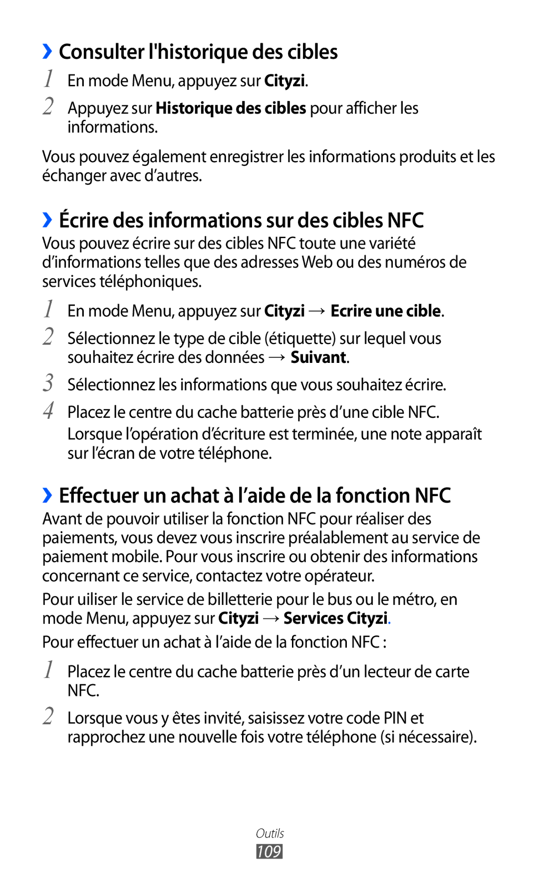 Samsung GT-S5780YKAFTM manual ››Consulter lhistorique des cibles, ››Écrire des informations sur des cibles NFC, 109 