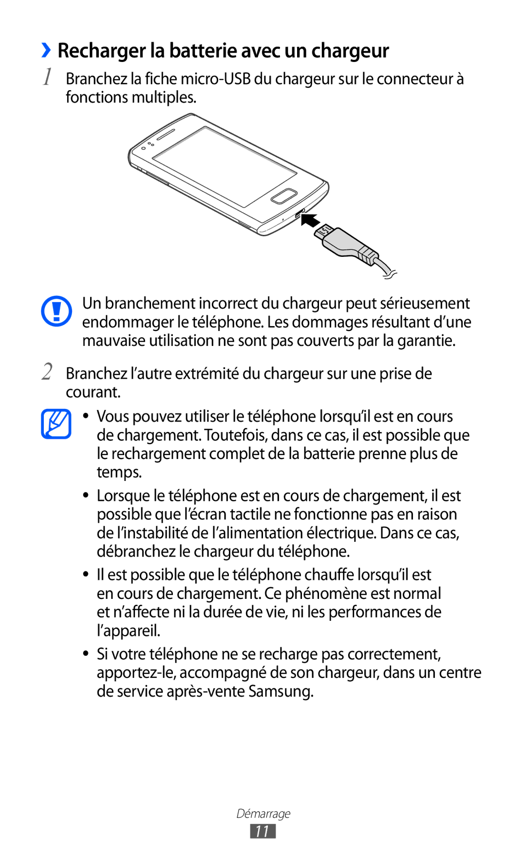 Samsung GT-S5780YKAXEF, GT-S5780YKANRJ, GT-S5780YKAFTM manual ››Recharger la batterie avec un chargeur 