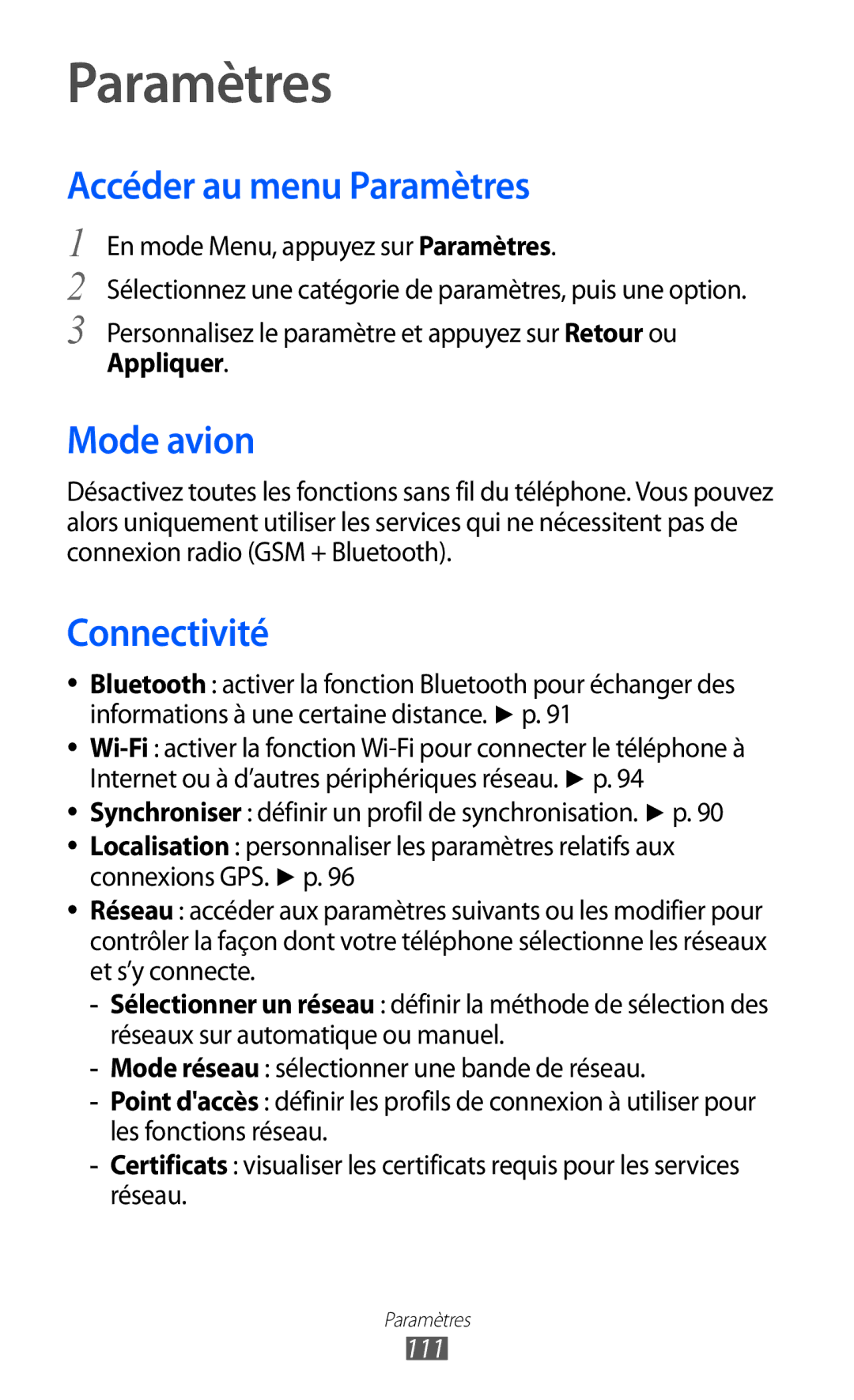 Samsung GT-S5780YKANRJ, GT-S5780YKAFTM, GT-S5780YKAXEF manual Accéder au menu Paramètres, Mode avion, Connectivité, 111 