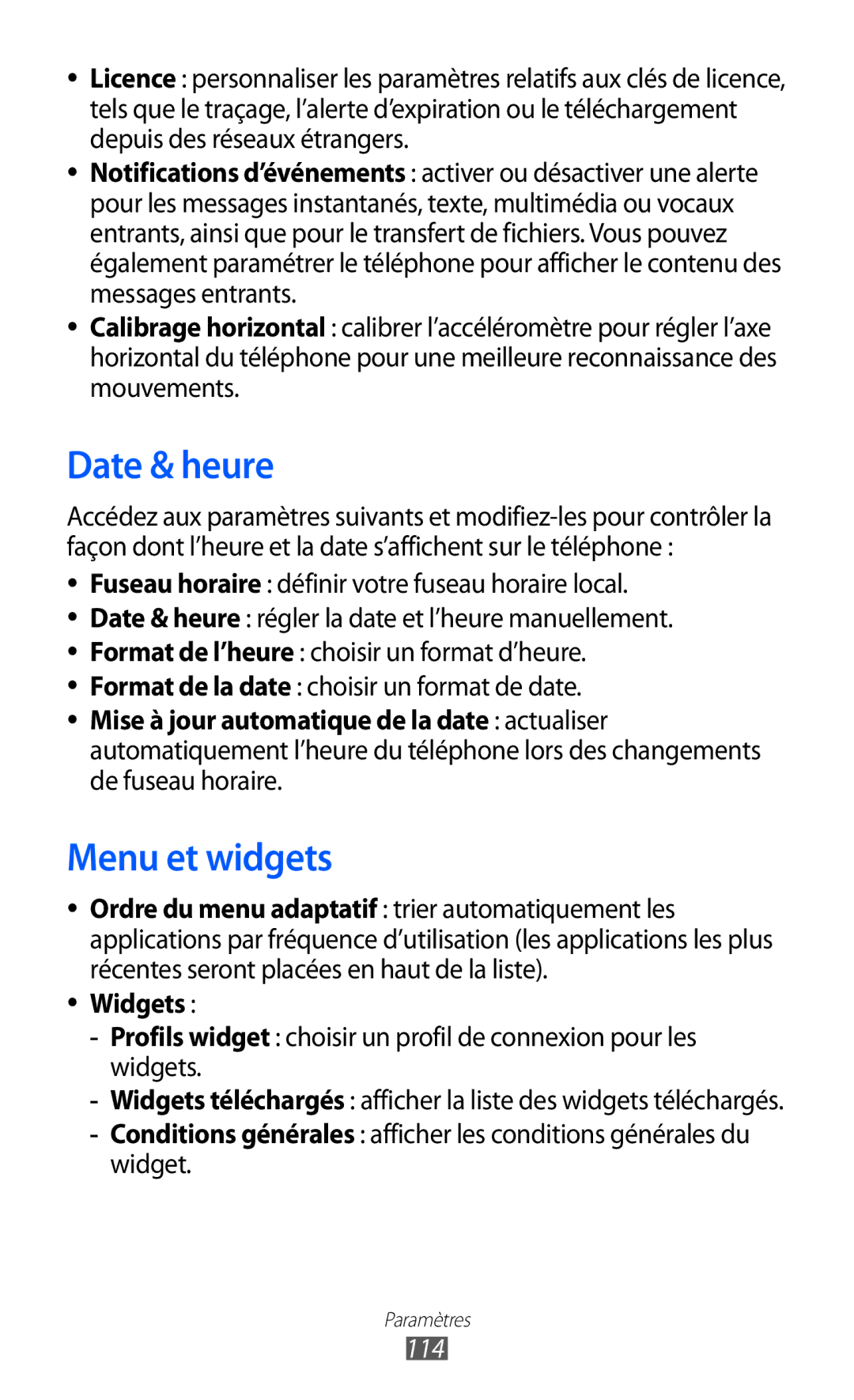 Samsung GT-S5780YKANRJ, GT-S5780YKAFTM, GT-S5780YKAXEF manual Date & heure, Menu et widgets, Widgets, 114 