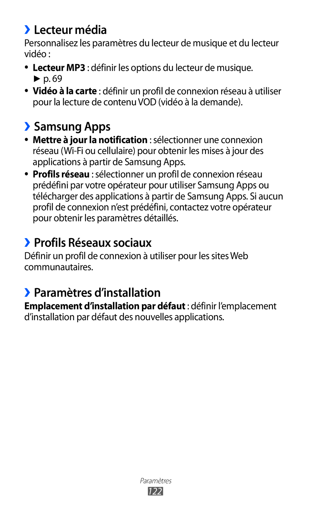 Samsung GT-S5780YKAXEF manual ››Lecteur média, ››Samsung Apps, ››Profils Réseaux sociaux, ››Paramètres d’installation, 122 