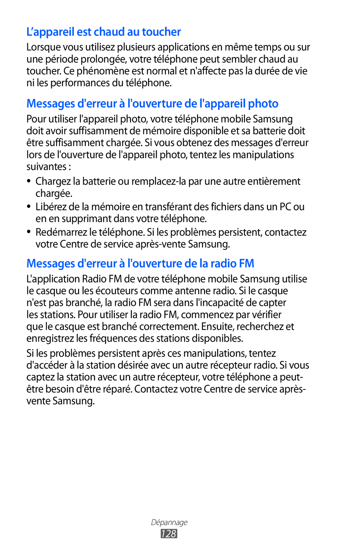 Samsung GT-S5780YKAXEF, GT-S5780YKANRJ, GT-S5780YKAFTM manual ’appareil est chaud au toucher, 128 