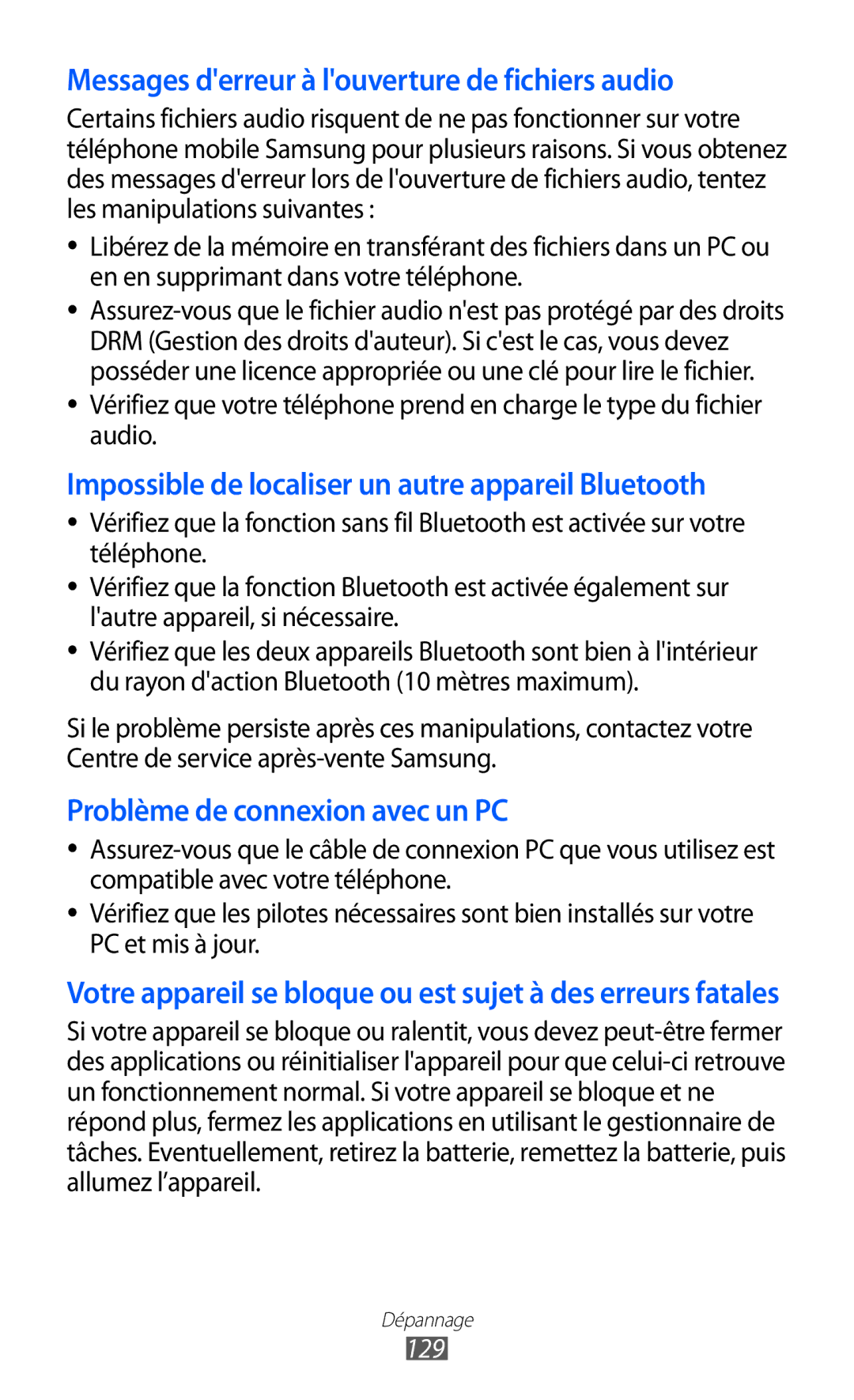 Samsung GT-S5780YKANRJ, GT-S5780YKAFTM, GT-S5780YKAXEF manual Messages derreur à louverture de fichiers audio, 129 