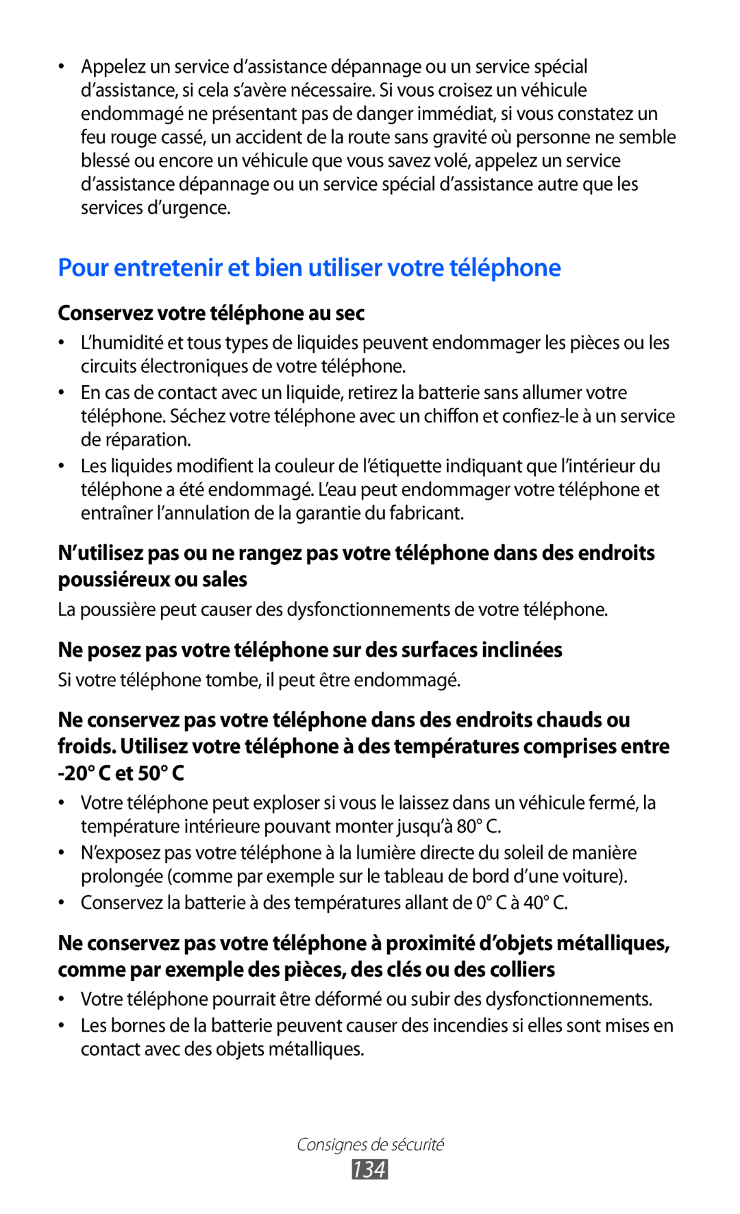 Samsung GT-S5780YKAXEF, GT-S5780YKANRJ, GT-S5780YKAFTM manual Pour entretenir et bien utiliser votre téléphone, 134 