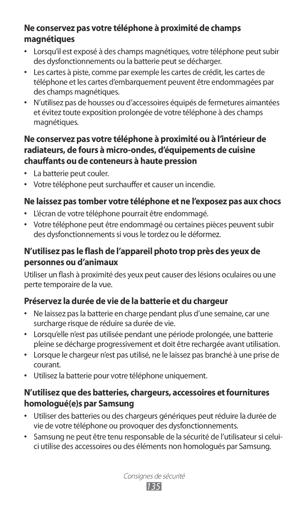 Samsung GT-S5780YKANRJ, GT-S5780YKAFTM, GT-S5780YKAXEF manual 135, ’écran de votre téléphone pourrait être endommagé 