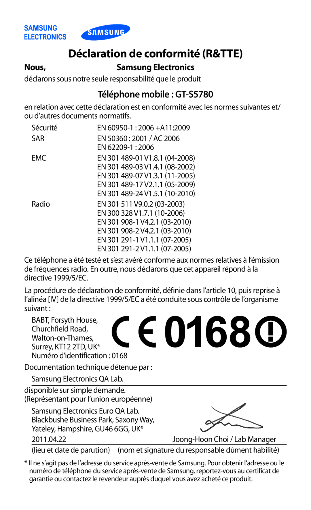 Samsung GT-S5780YKAFTM, GT-S5780YKANRJ, GT-S5780YKAXEF manual Déclaration de conformité R&TTE, Téléphone mobile GT-S5780 