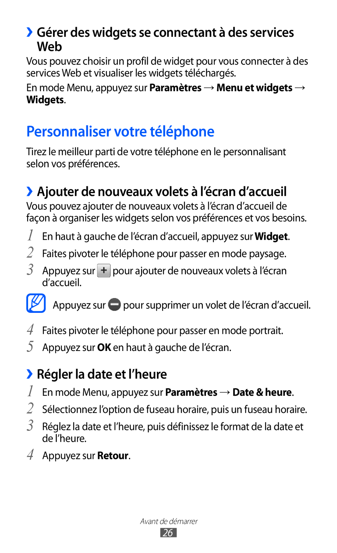 Samsung GT-S5780YKAXEF manual Personnaliser votre téléphone, Web, ››Régler la date et l’heure, Appuyez sur, ’accueil 