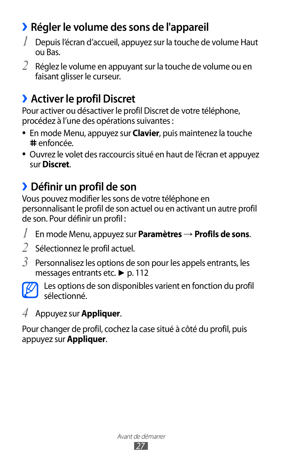 Samsung GT-S5780YKANRJ ››Régler le volume des sons de lappareil, ››Activer le profil Discret, ››Définir un profil de son 