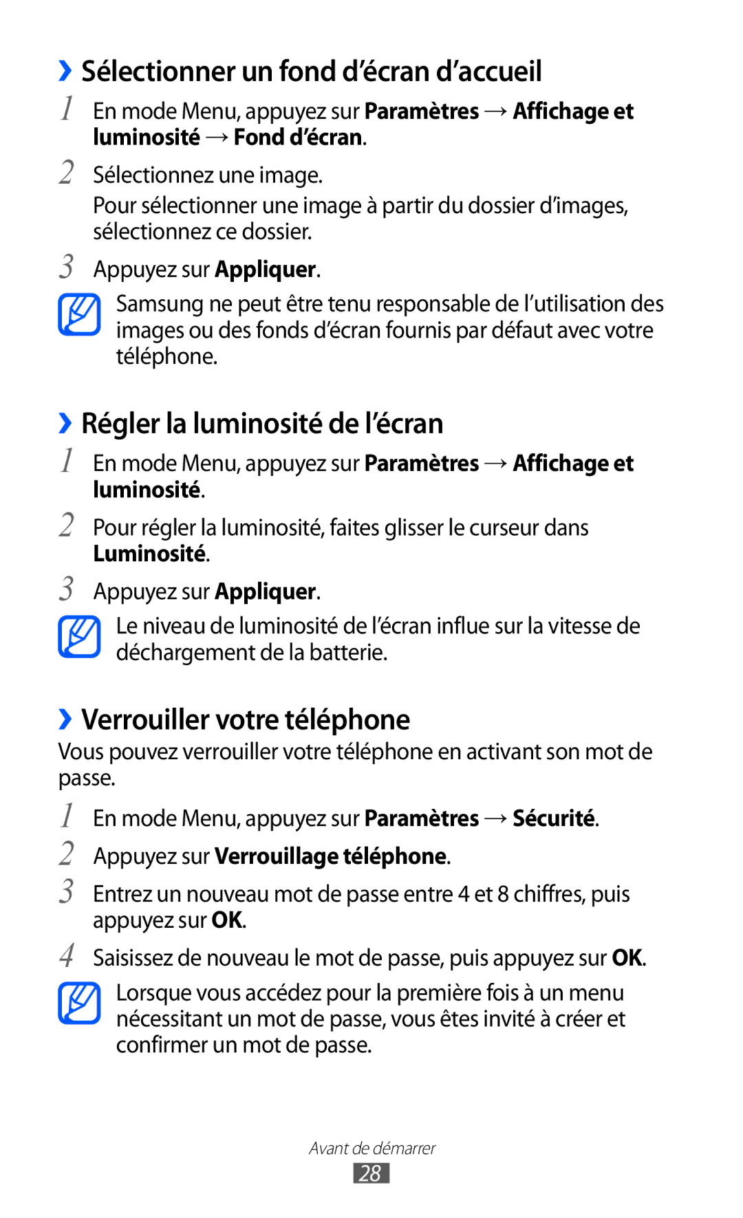 Samsung GT-S5780YKAFTM, GT-S5780YKANRJ manual ››Sélectionner un fond d’écran d’accueil, ››Régler la luminosité de l’écran 