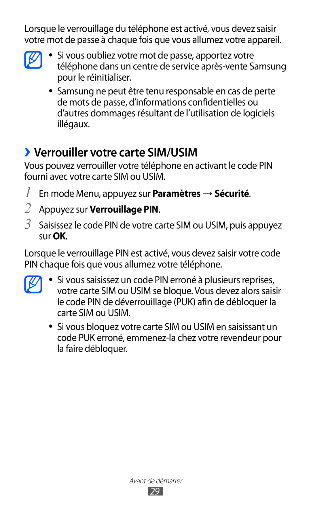 Samsung GT-S5780YKAXEF, GT-S5780YKANRJ, GT-S5780YKAFTM ››Verrouiller votre carte SIM/USIM, Appuyez sur Verrouillage PIN 