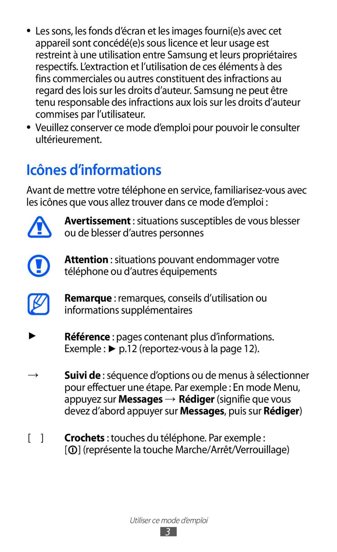 Samsung GT-S5780YKANRJ, GT-S5780YKAFTM Icônes d’informations, → Suivi de séquence d’options ou de menus à sélectionner 