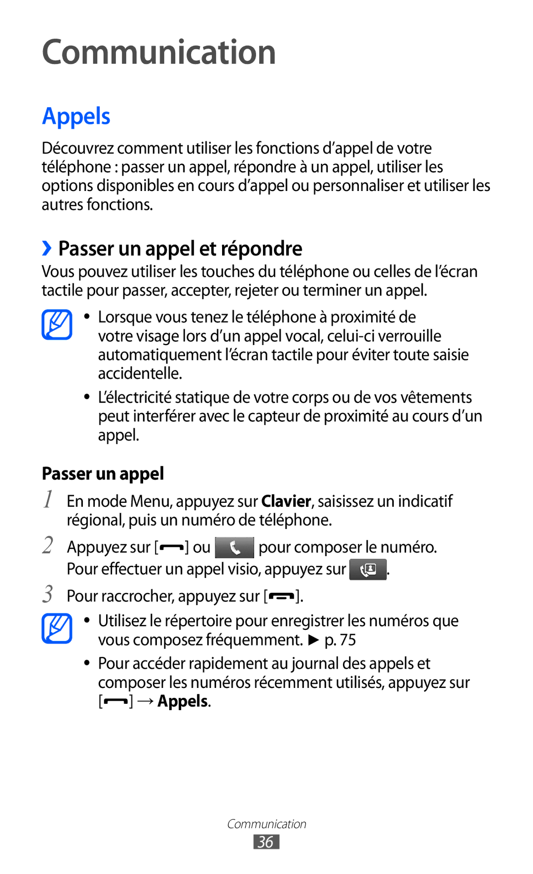 Samsung GT-S5780YKANRJ, GT-S5780YKAFTM, GT-S5780YKAXEF manual Communication, ››Passer un appel et répondre, → Appels 