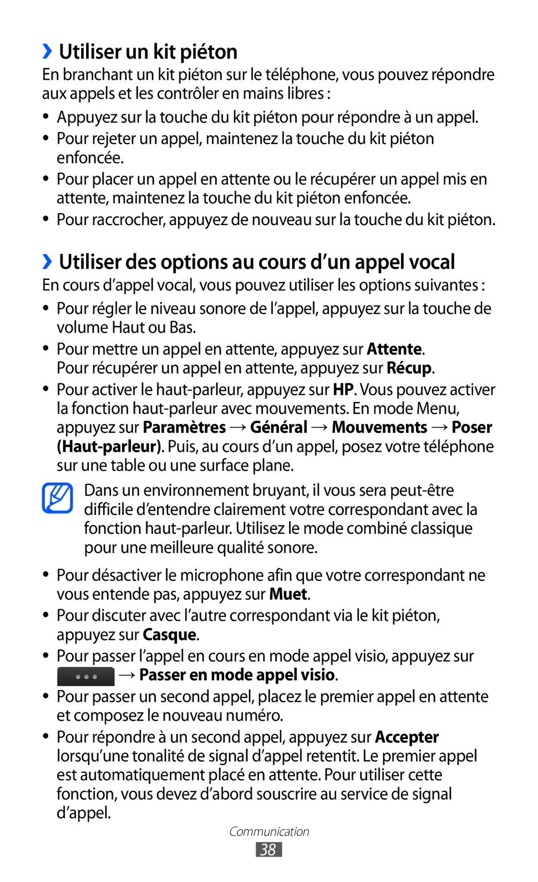 Samsung GT-S5780YKAXEF, GT-S5780YKANRJ manual ››Utiliser un kit piéton, ››Utiliser des options au cours d’un appel vocal 